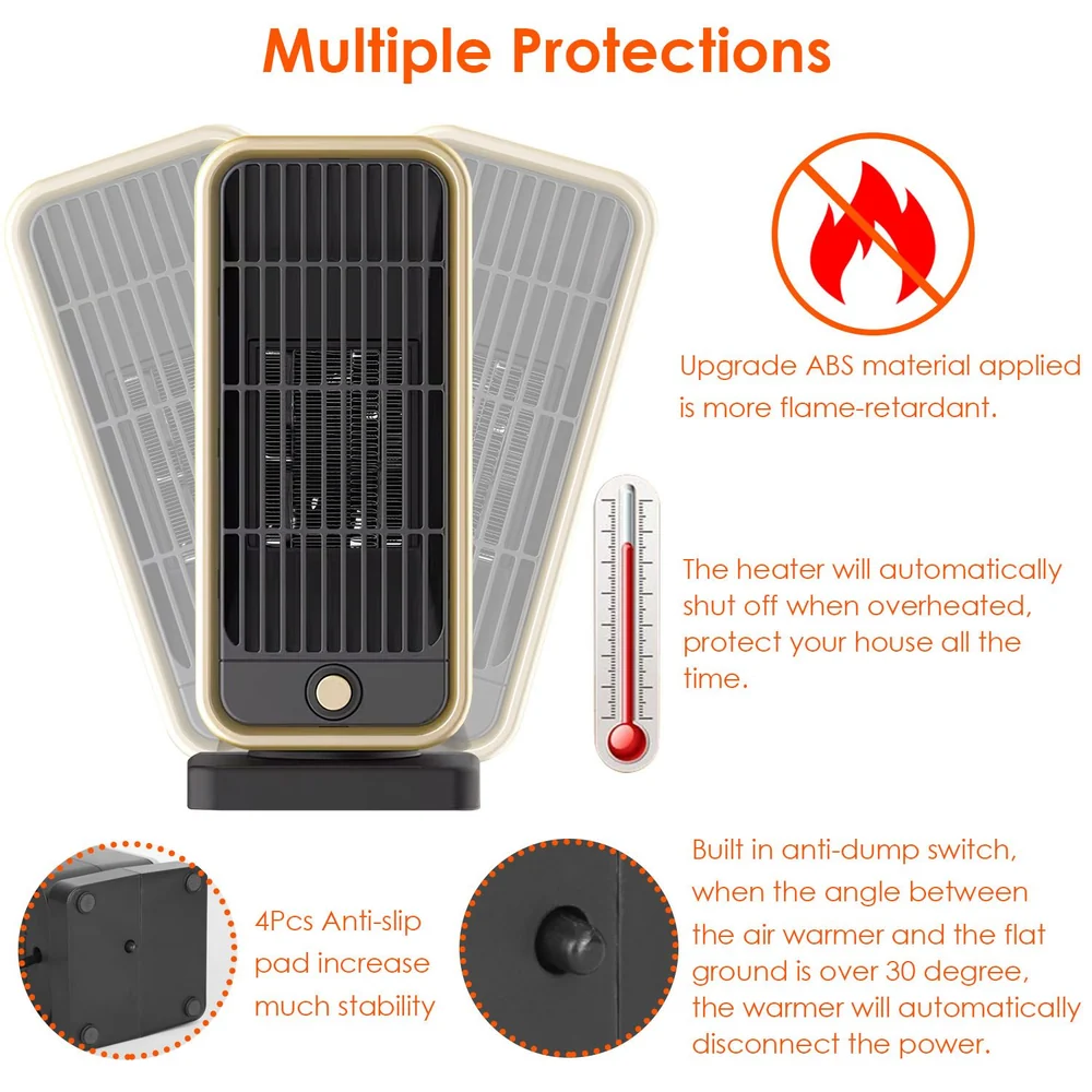 Portable electric heater with flame-retardant ABS material, automatic shut-off feature, and anti-dump switch for safety, designed for stable operation with anti-slip pads.