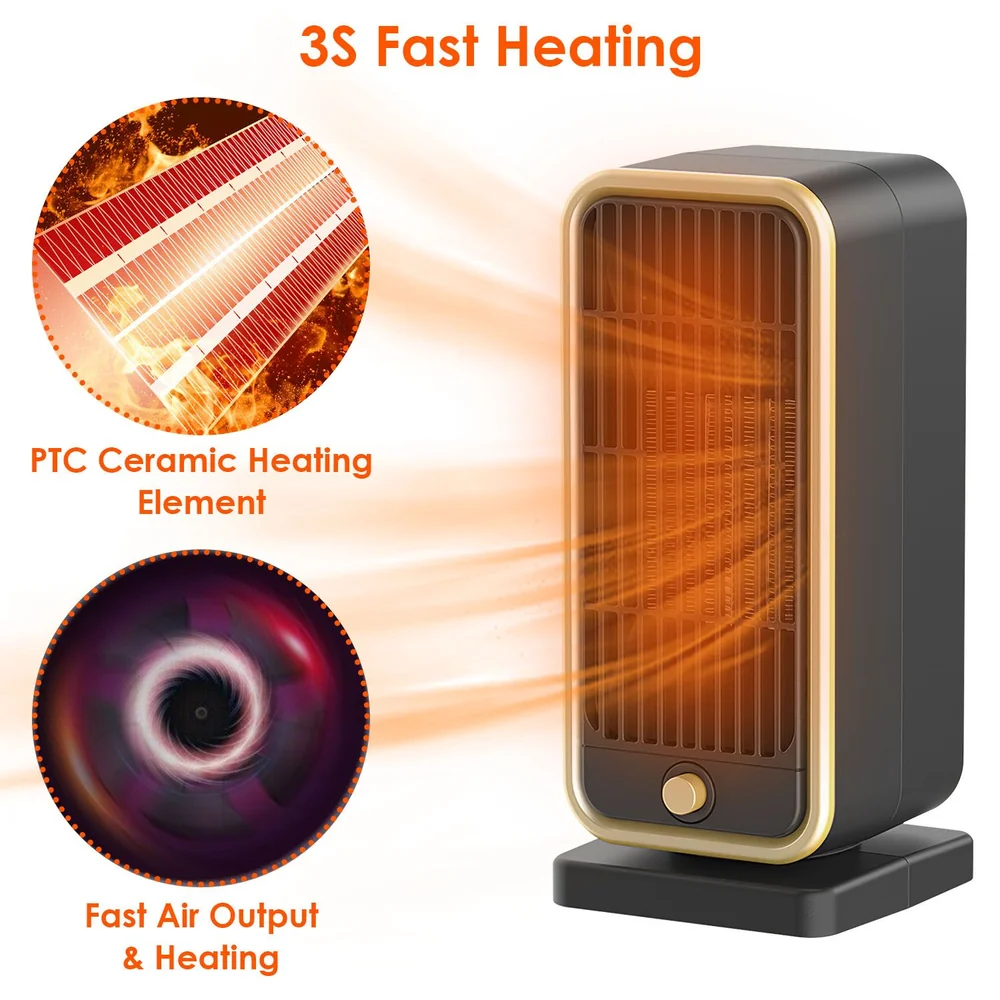 High-efficiency PTC ceramic heater with fast heating capabilities, showcasing 3-second warm-up time and powerful air output for quick room heating.