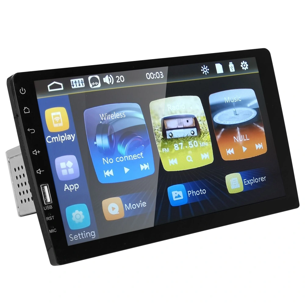Car multimedia touchscreen display showing applications for wireless connectivity, radio, music playback, and media settings.