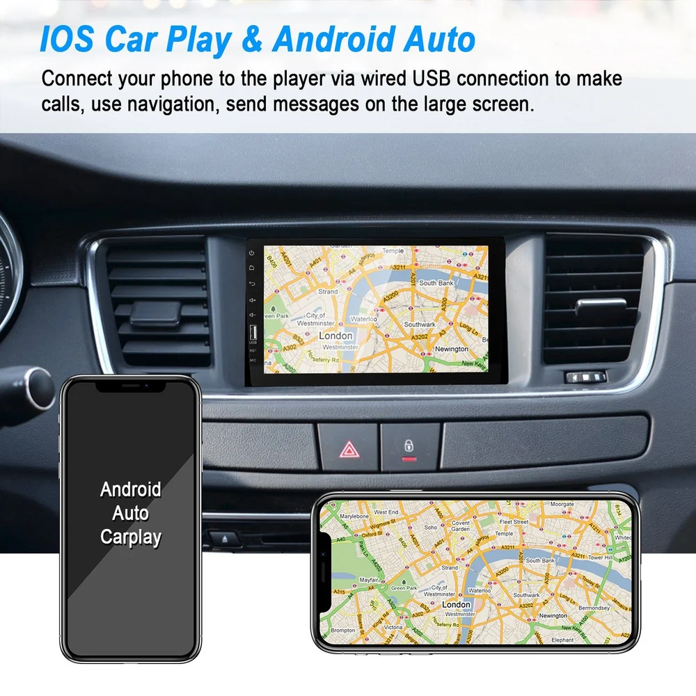Image showing a car dashboard featuring a large touchscreen displaying a map of London, with smartphones nearby labeled "Android Auto" and "Carplay," illustrating the connection of mobile devices for navigation and communication via USB.