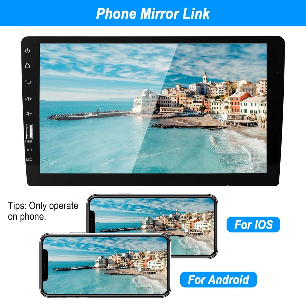 A sleek touchscreen display showcasing a vibrant coastal image, with connected smartphones displaying the same picturesque scenery, emphasizing phone mirror link compatibility for iOS and Android devices.