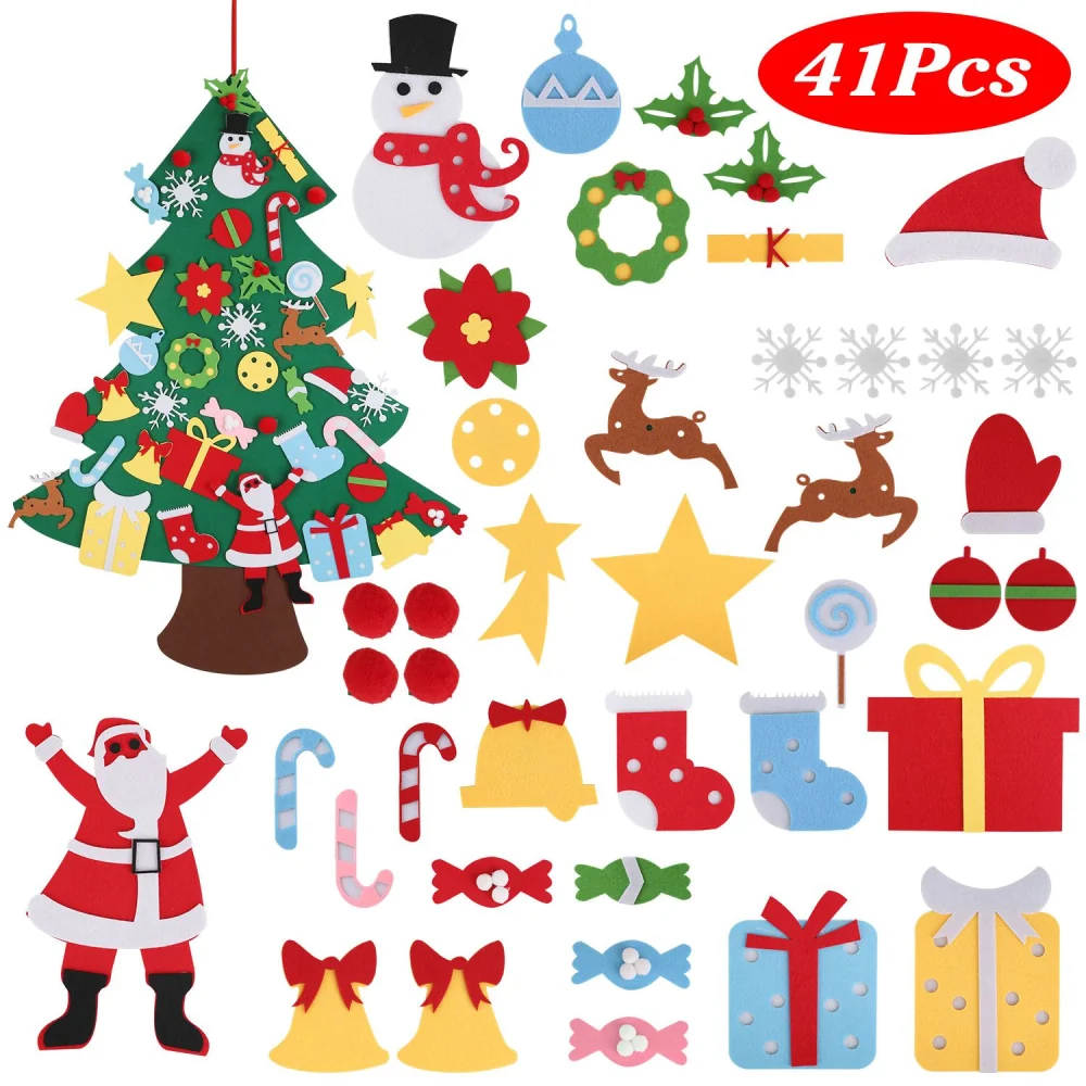 Colorful 41-piece Christmas tree decoration kit featuring felt ornaments like Santa, snowman, reindeer, candy canes, and various festive shapes, perfect for holiday crafts and family activities.