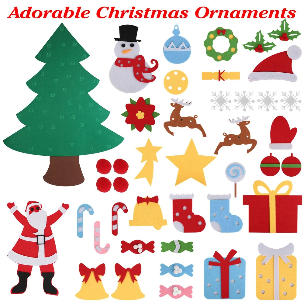 Colorful felt Christmas ornaments including a tree, snowman, reindeer, Santa, and various festive decorations, ideal for holiday crafts and decorations.