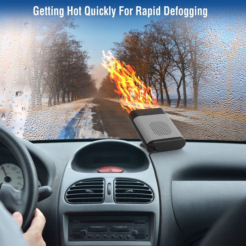 Compact car defogger quickly removing moisture from windshield with flames illustrated for heating, while a driver steers on a rainy road.