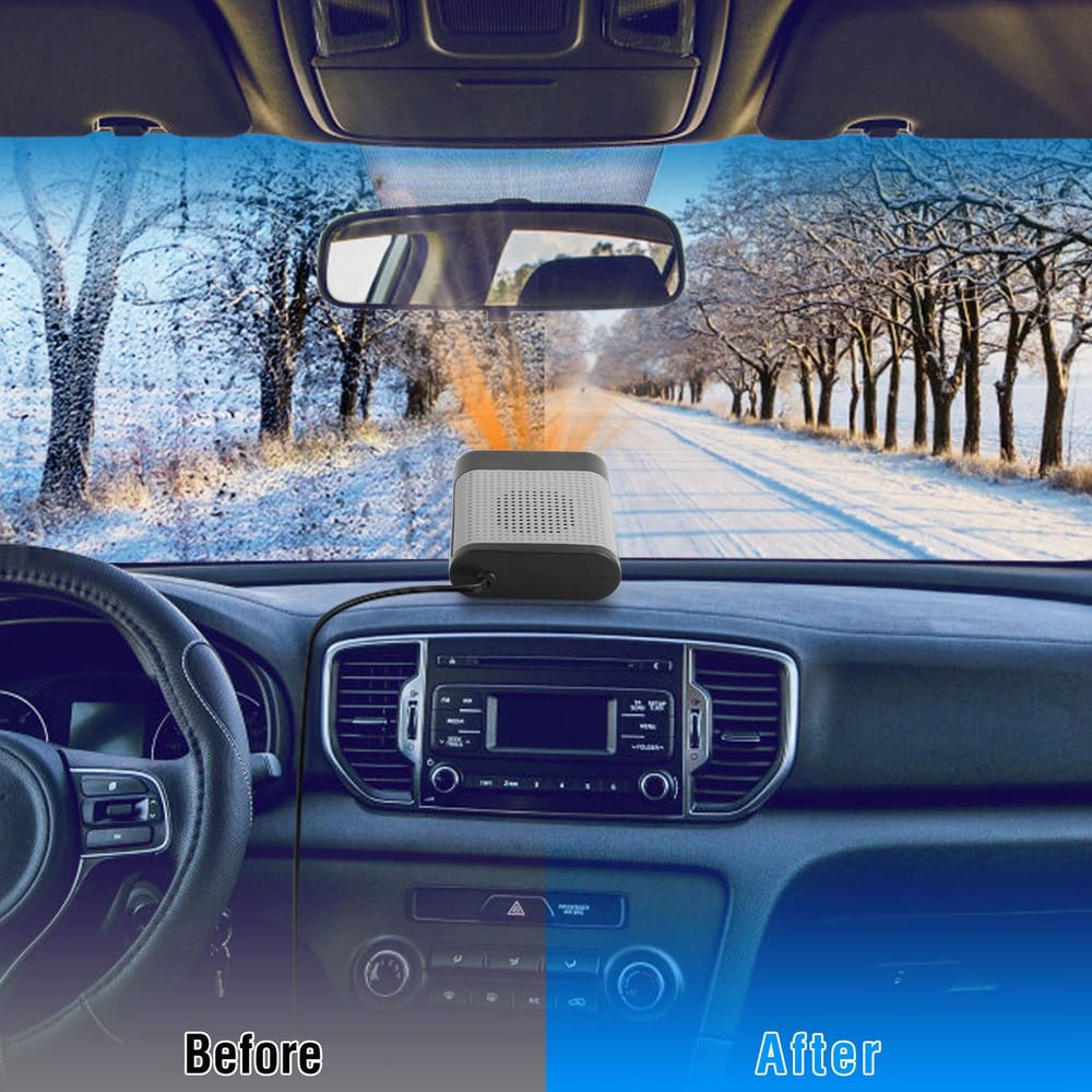 Car windshield defroster showing dramatic improvement from foggy to clear visibility, with the defroster device prominently displayed on the dashboard, highlighting its effectiveness for winter driving conditions.