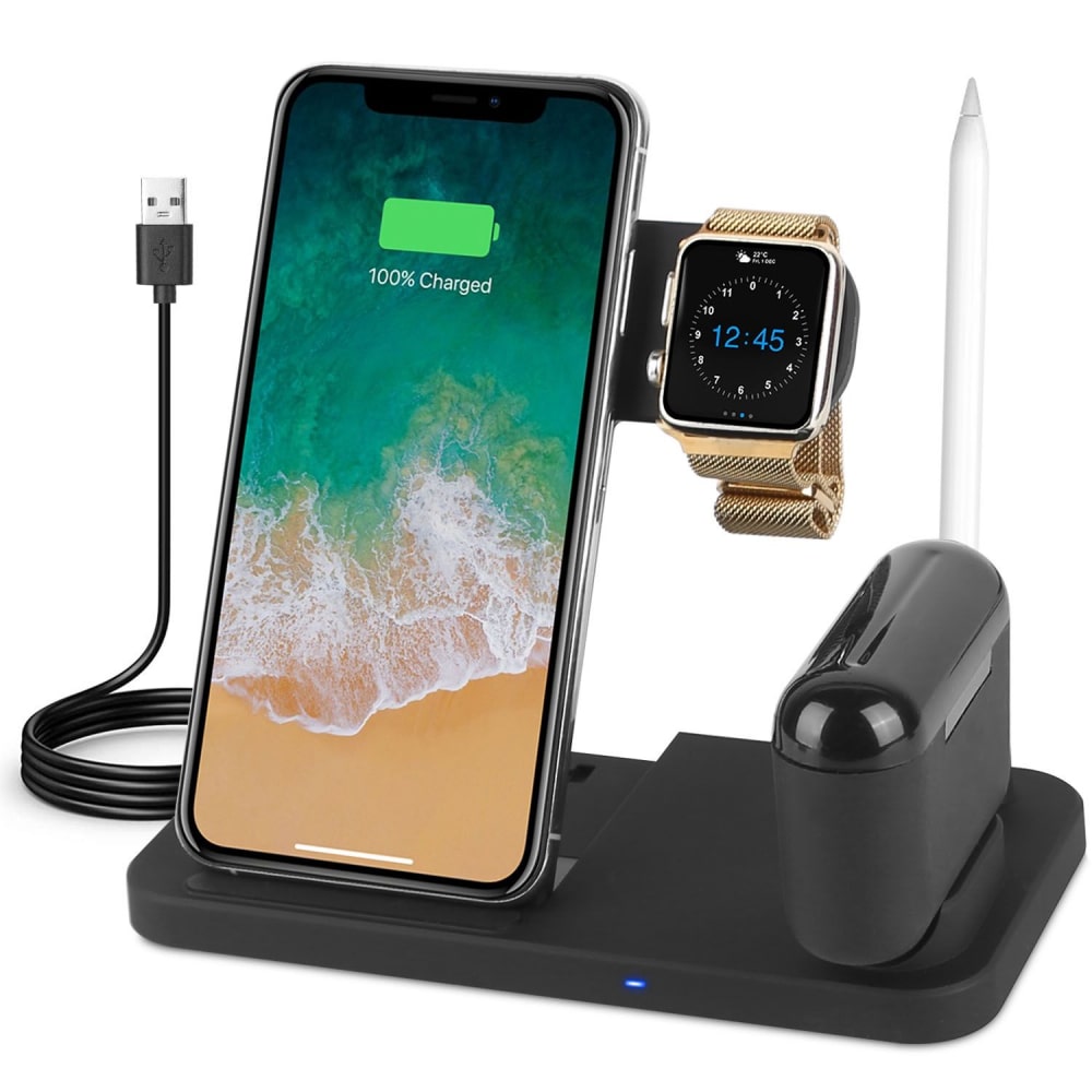 Triple charging dock for iPhone, Apple Watch, and Apple Pencil, featuring USB cable and LED indicator for battery status.