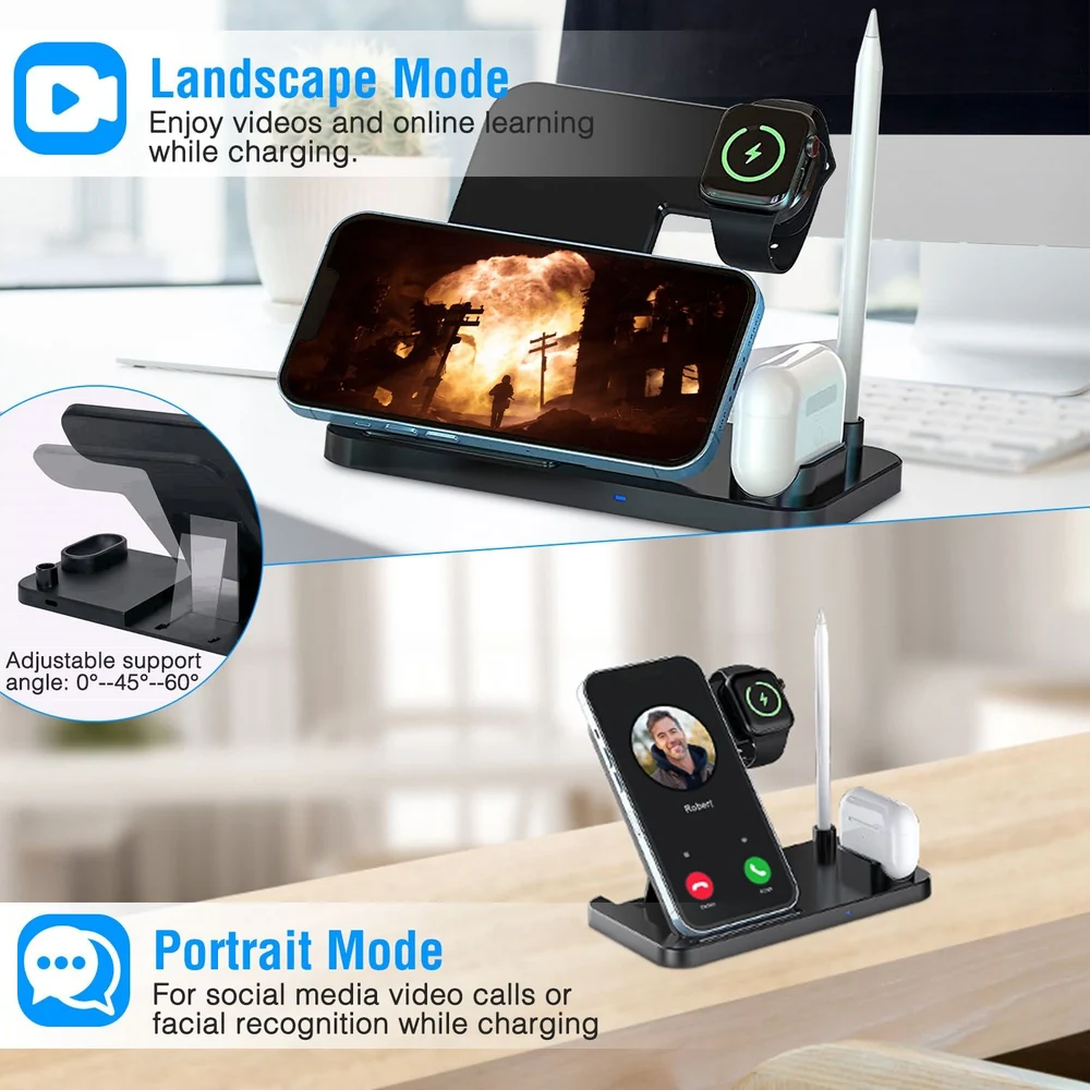 Dual charging stand display showing landscape and portrait modes for smartphones and accessories, featuring adjustable support angles. Ideal for video calls, online learning, and media enjoyment while charging.