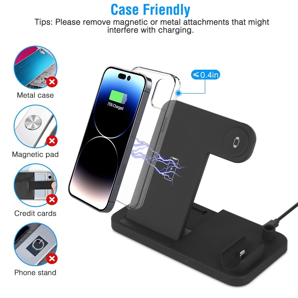 Wireless charging station for smartphones, showing charging tips to remove magnetic or metal cases for optimal performance, featuring a sleek and modern design in black.