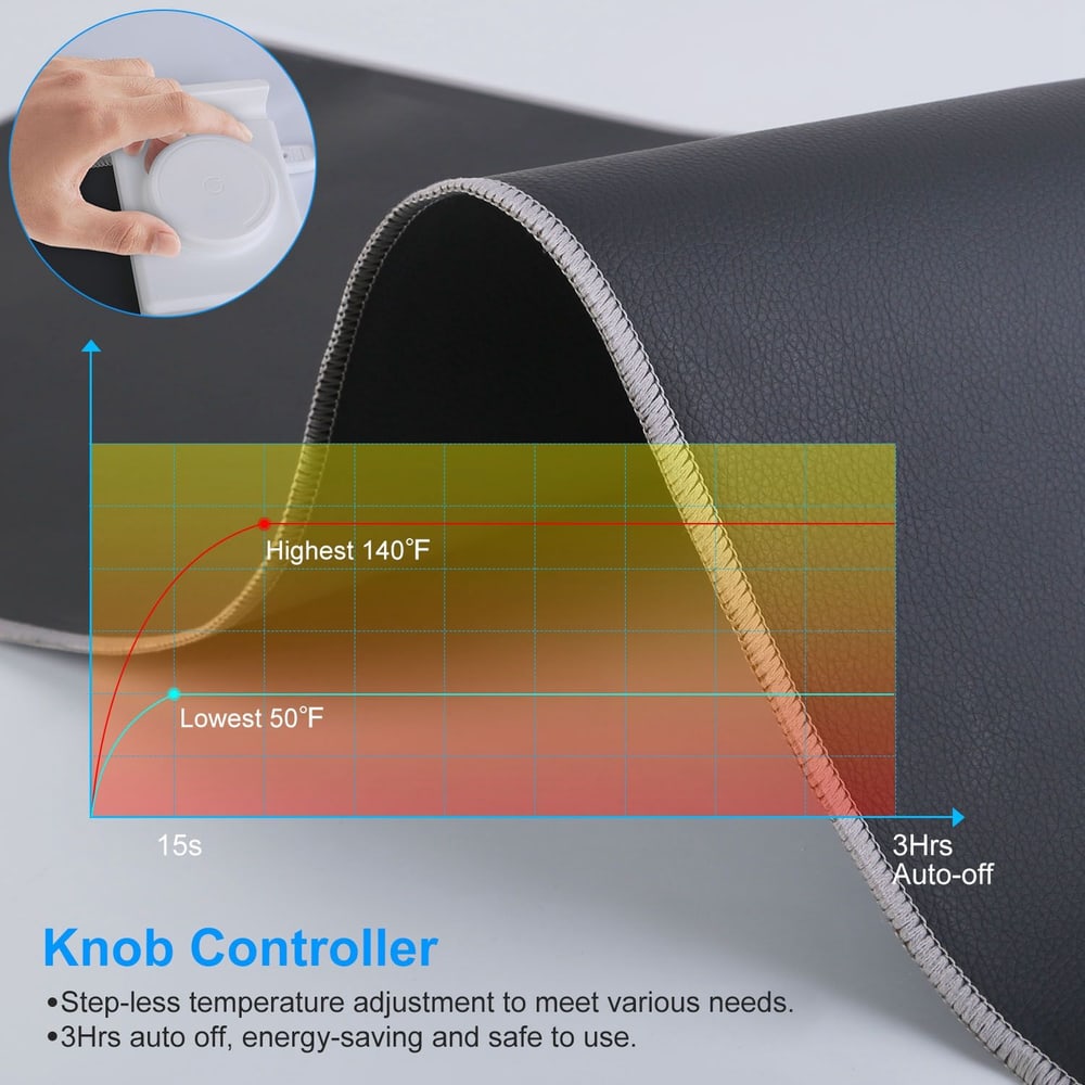 Black heated mat with a knob controller for adjustable temperatures ranging from 50°F to 140°F, showcasing energy-saving features, including automatic shut-off after three hours.