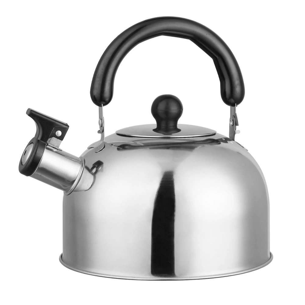 Stainless steel kettle with a black handle and whistle spout, perfect for boiling water on the stove.