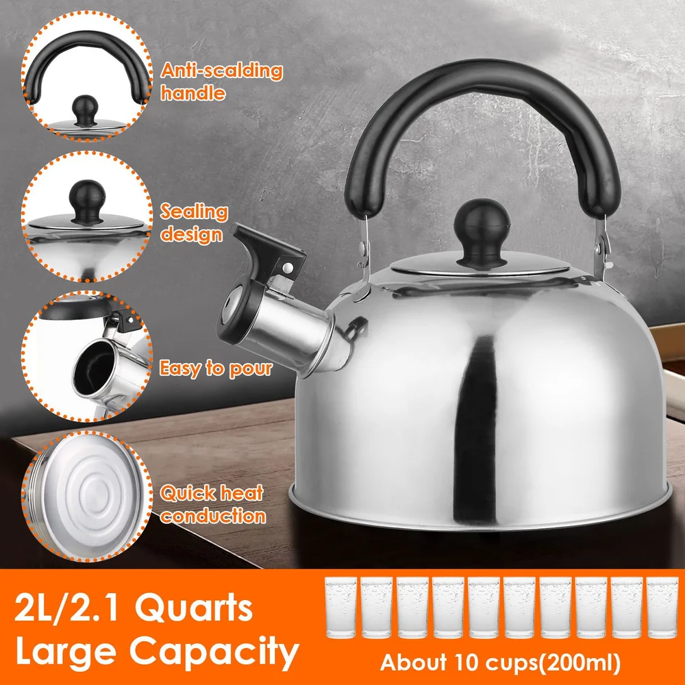 Stainless steel kettle with a large 2L capacity, featuring an anti-scalding handle, a sealing design for safe pouring, quick heat conduction, and the ability to brew approximately 10 cups of tea or coffee.