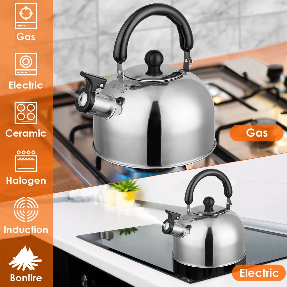 Stainless steel whistle kettle suitable for gas, electric, ceramic, halogen, induction, and bonfire heat sources, featuring a classic design with a black handle and lid knob.