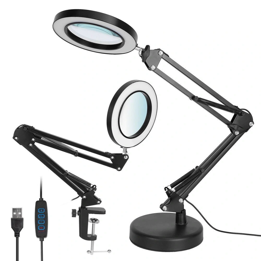 Adjustable LED magnifying lamp with dual lenses, black arm, and USB control for enhanced lighting and precision tasks.