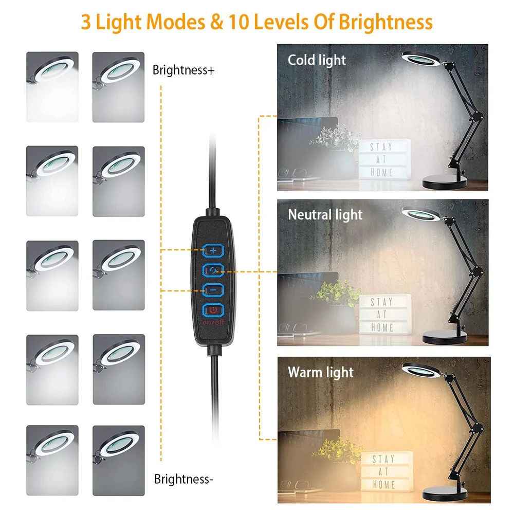 Illuminated adjustable desk lamp with three light modes (cold, neutral, warm) and ten brightness levels, featuring a convenient control switch.