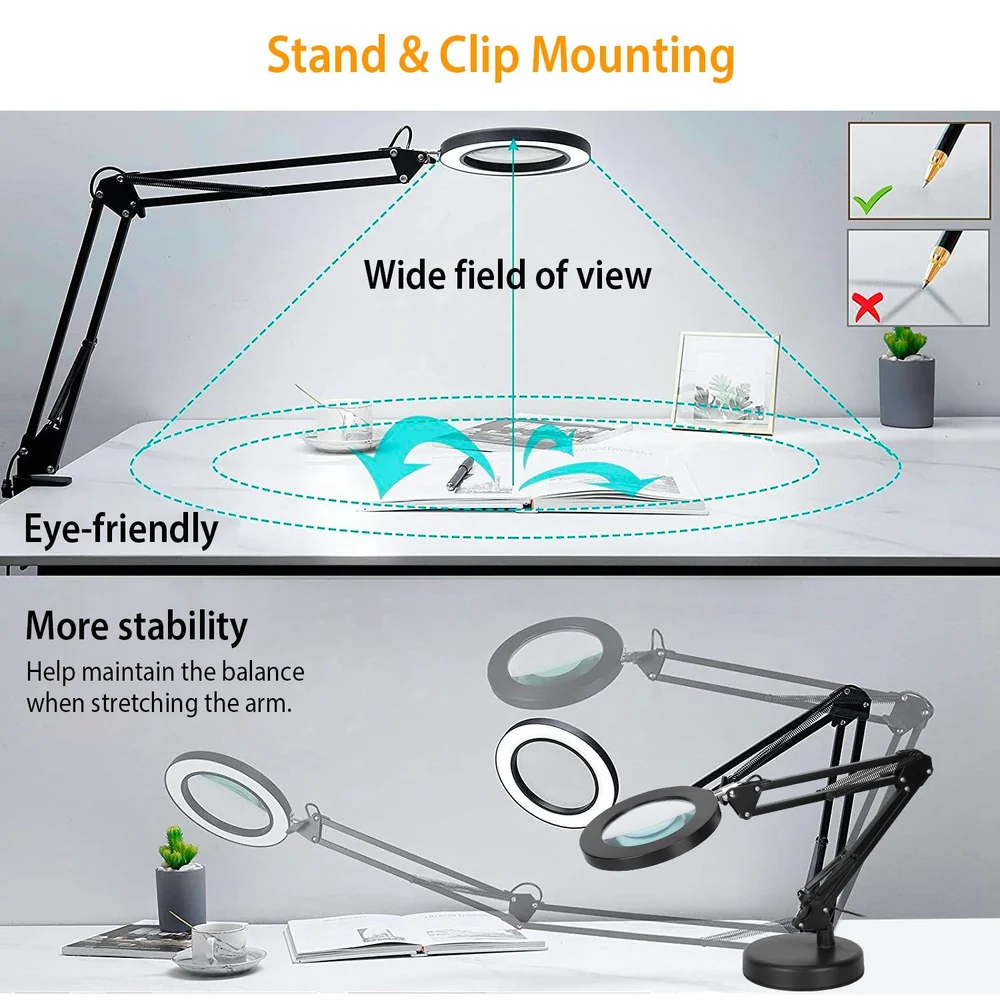 Adjustable LED magnifying lamp with wide field of view, featuring stand and clip mounting options for enhanced stability and eye-friendly illumination, ideal for reading and detailed tasks.