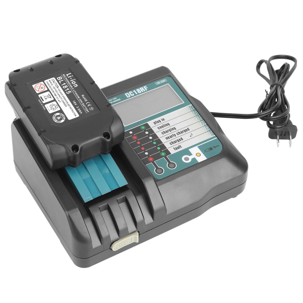 Smart battery charger with LCD display and LED indicators, designed for Li-ion batteries, featuring a compact design and power cord for easy connectivity.