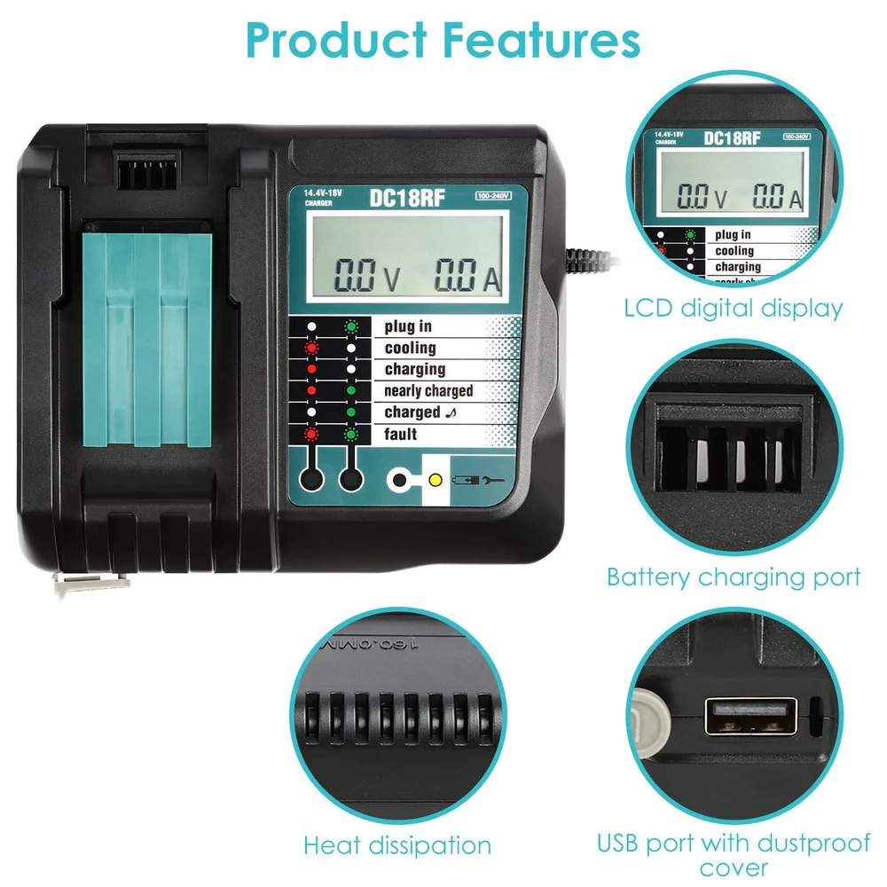 DC18RF battery charger with LCD digital display, charging indicators, battery charging port, USB port with dustproof cover, and heat dissipation features.