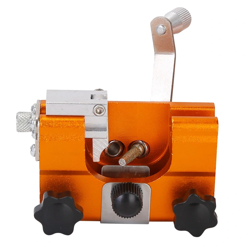 Precision orange aluminum tool for adjusting and aligning fishing reel components, featuring silver accents and adjustable knobs.