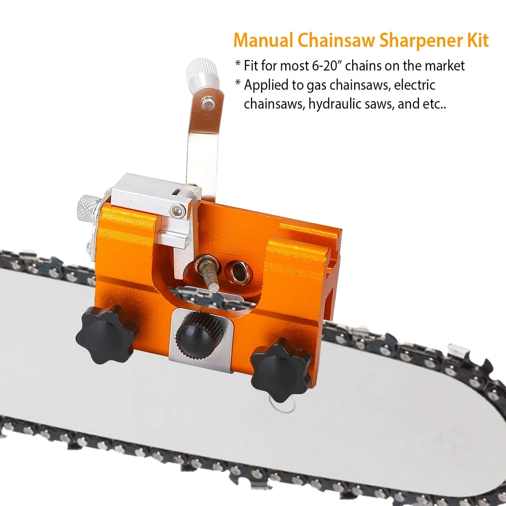 Manual chainsaw sharpener kit featuring an orange aluminum design, compatible with 6-20 inch chains for gas, electric, and hydraulic saws.