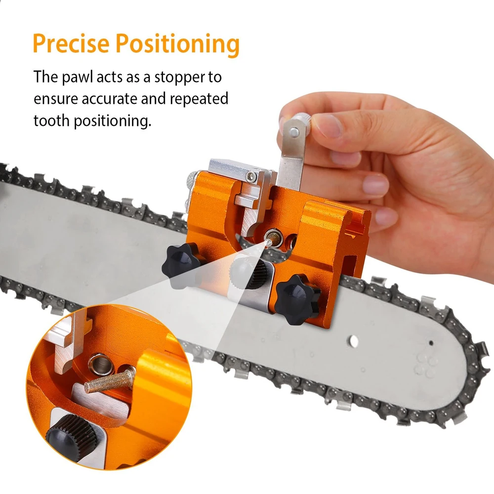 Chainsaw sharpening tool with precise positioning feature, showcasing an orange aluminum body, pawl stopper, and adjustable knobs for accurate tooth alignment.