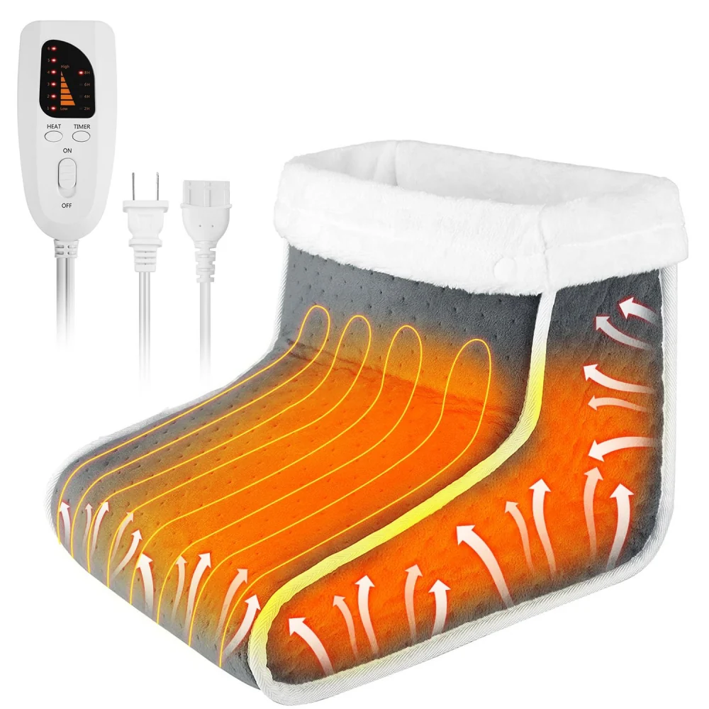 Heated foot warmer with adjustable temperature control, featuring a soft, plush cuff and heat distribution arrows for soothing comfort.