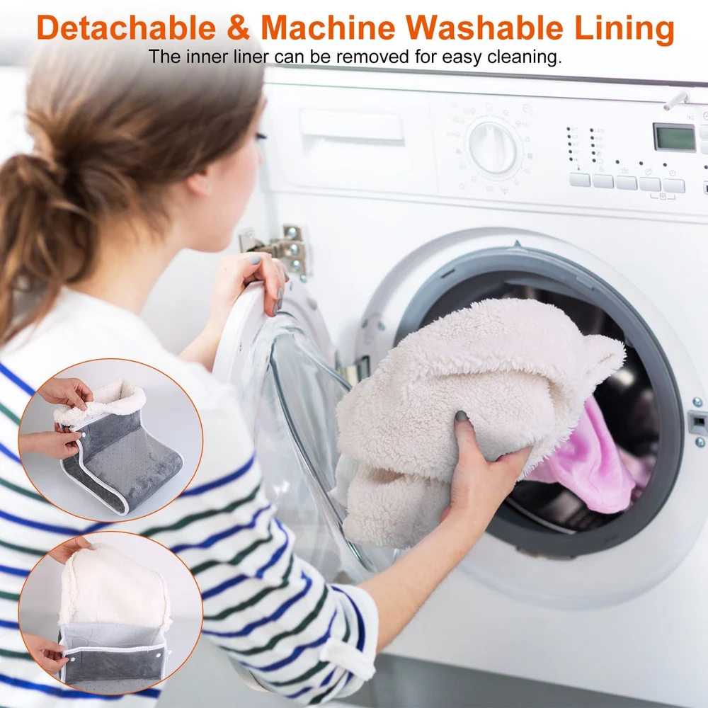 Woman placing a cozy, fluffy boot liner into a washing machine, showcasing the detachable and machine-washable features for easy cleaning.