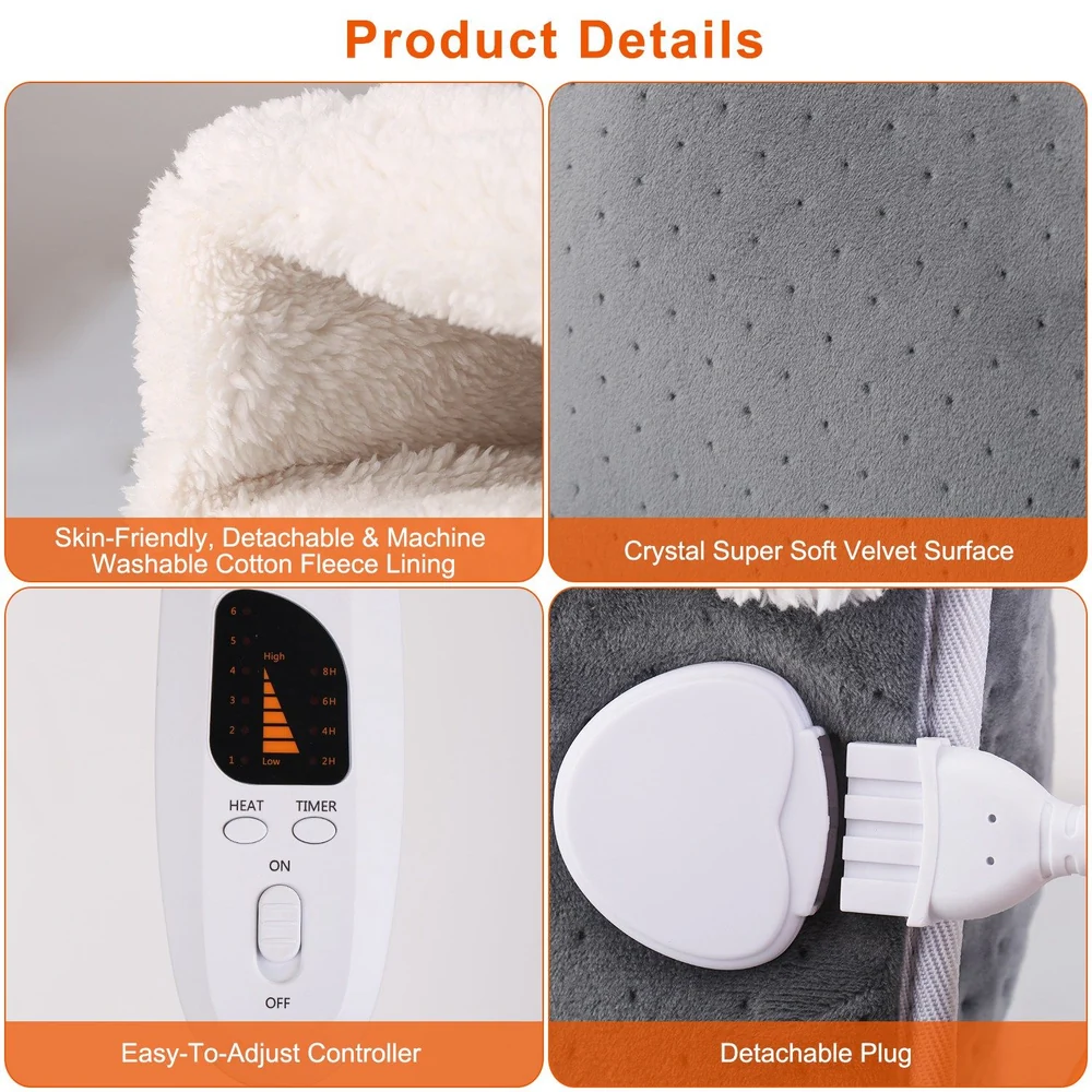 Close-up view of a heated blanket featuring a soft fleece lining, easy-to-adjust controller, detachable plug, and plush velvet surface, highlighting its skin-friendly, machine washable design.