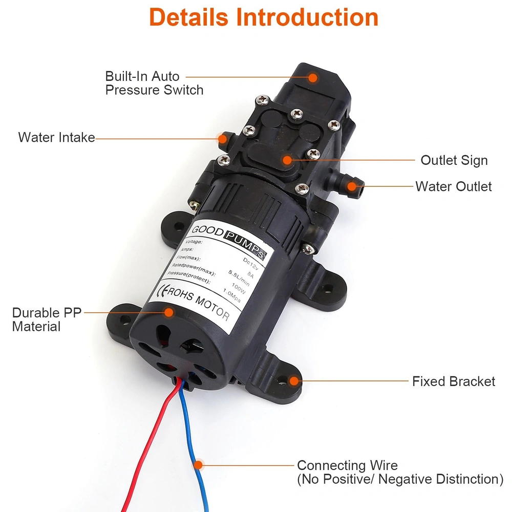Water pump featuring a built-in auto pressure switch, durable PP material, and clearly labeled water intake and outlet connections, accompanied by color-coded connecting wires and a fixed bracket for secure installation.