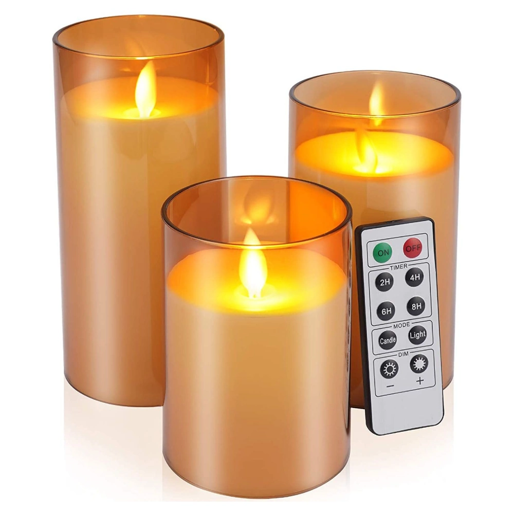 LED flame-effect candles in amber glass holders with a remote control, offering customizable timer settings and adjustable brightness for a cozy ambiance.