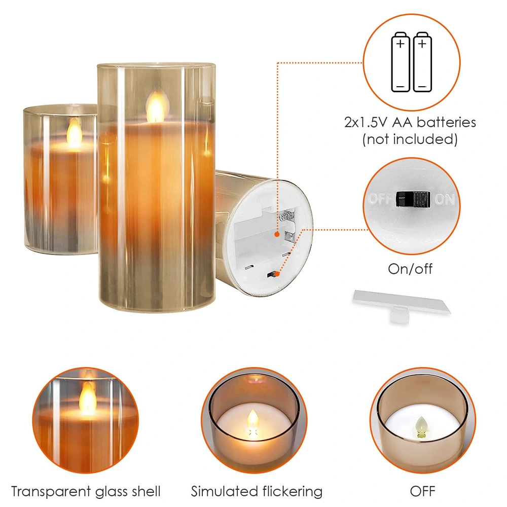 LED flameless candles with transparent glass shell, featuring simulated flickering flames and an easy on/off switch, powered by 2 AA batteries (not included).