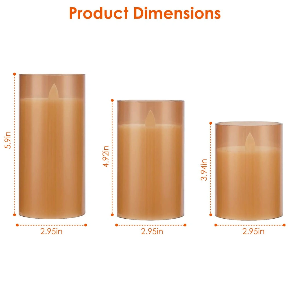 Product image showing three scented candles with varying heights: 5.9 inches, 4.92 inches, and 3.94 inches, all with a diameter of 2.95 inches, featuring a warm amber color and a soft glow.