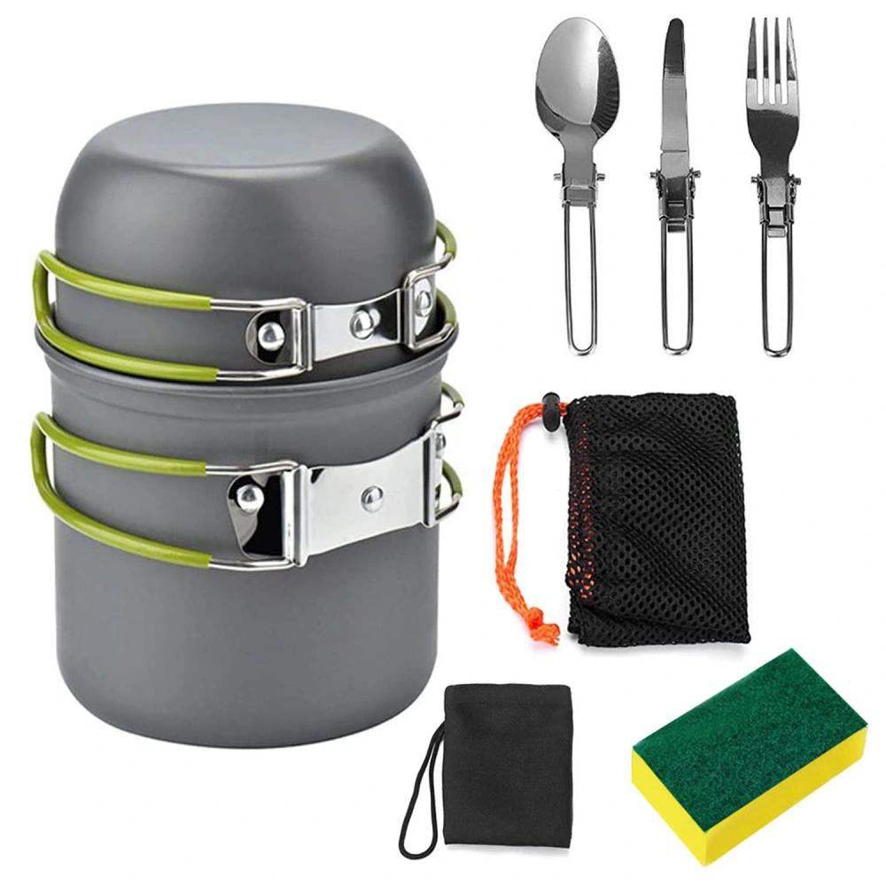 Compact camping cookware set with two stackable pots, stainless steel utensils (spoon, knife, fork), a cleaning sponge, and mesh storage bag.