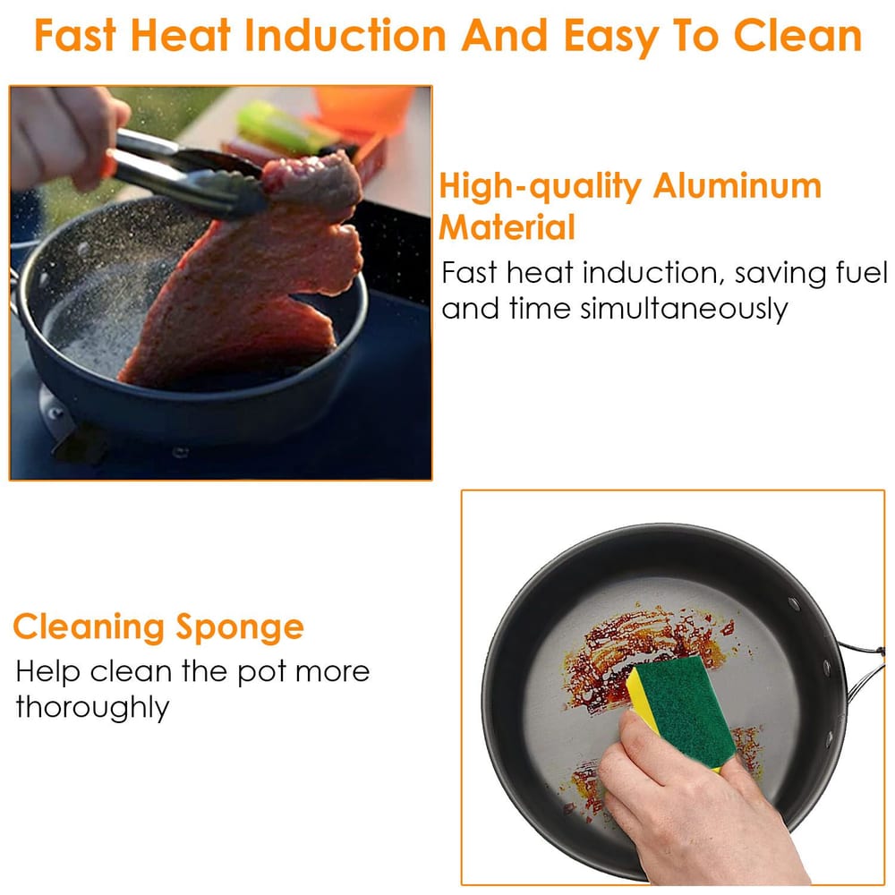 High-quality aluminum frying pan with food being flipped using tongs, showcasing fast heat induction and an easy-to-clean surface, accompanied by a cleaning sponge for thorough maintenance.