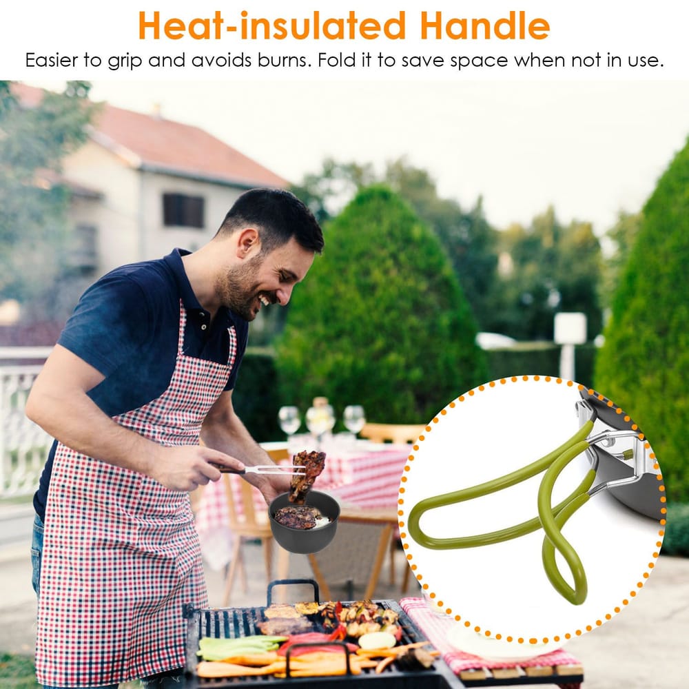 A man in an apron grilling outdoors, holding a heat-insulated handle for a cooking pot, showcasing the product's design and functionality while cooking meat on a barbecue.