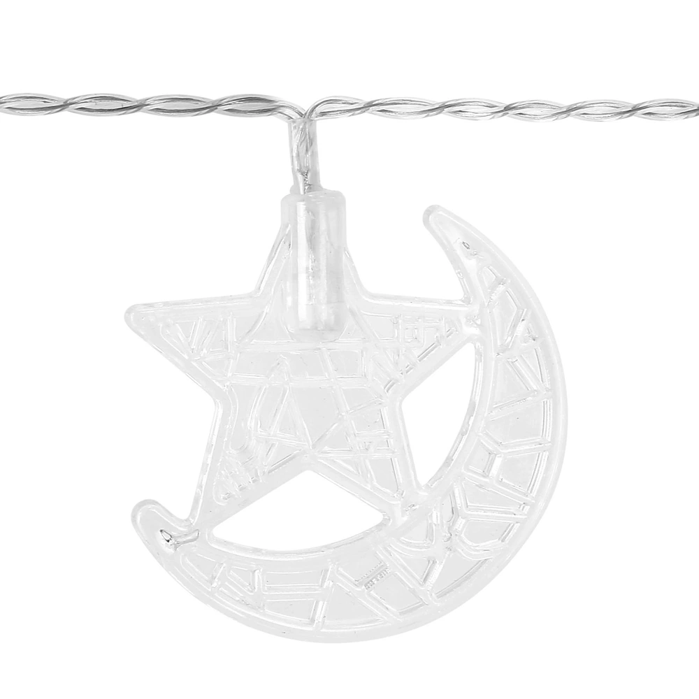 Decorative LED string light featuring clear star and crescent moon shapes on a silver wire, ideal for festive home decor and outdoor gatherings.