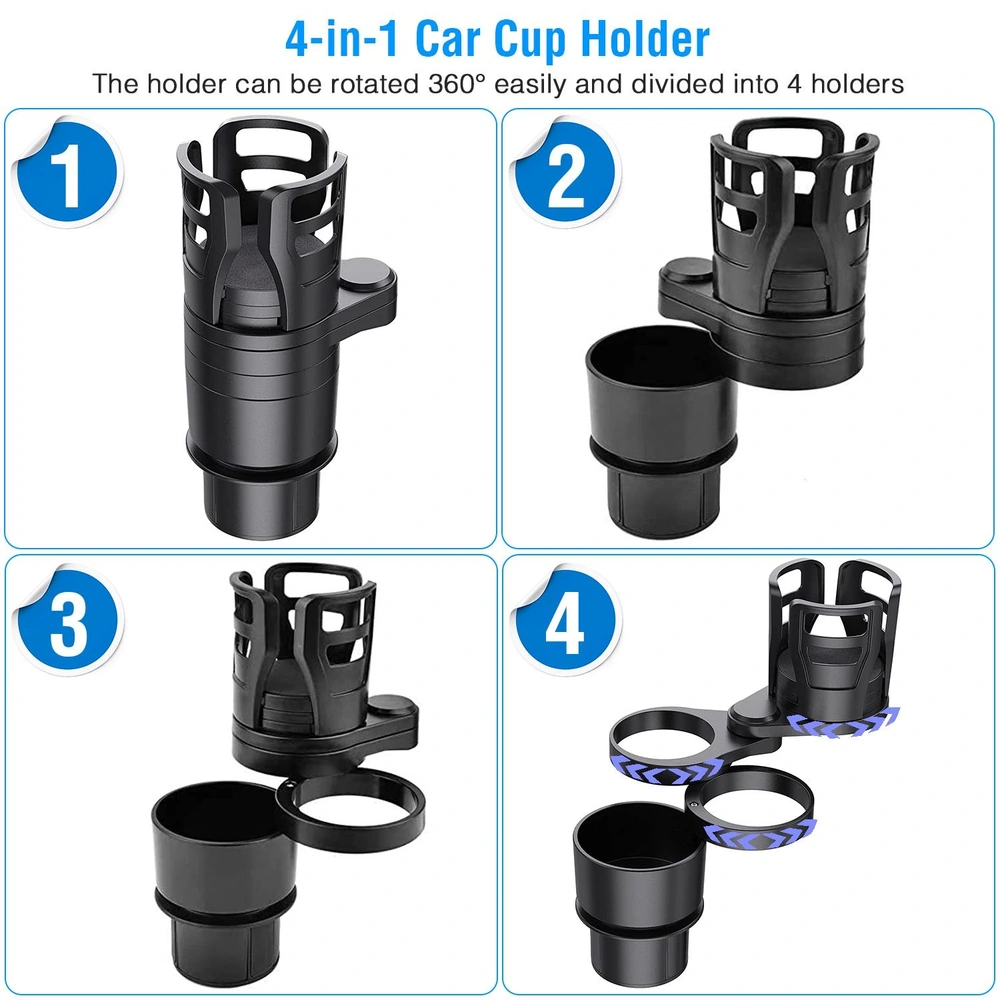 4-in-1 car cup holder with 360-degree rotation and options to divide into four separate holders for versatile drink storage in vehicles.
