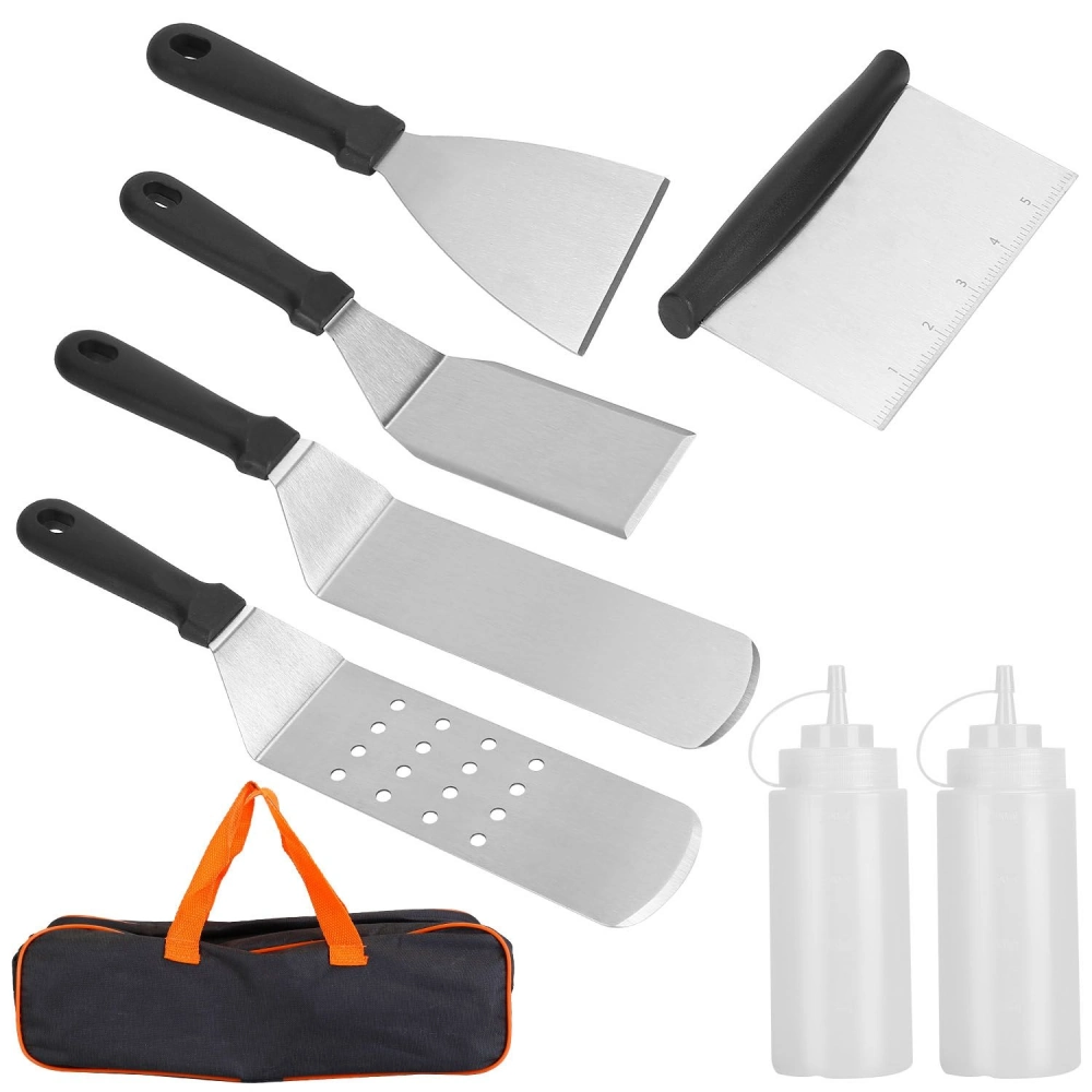 High-quality stainless steel cooking utensil set, featuring five spatulas with black ergonomic handles, a versatile scraper, and two squeeze bottles, all stored in a durable black carrying case with orange accents.