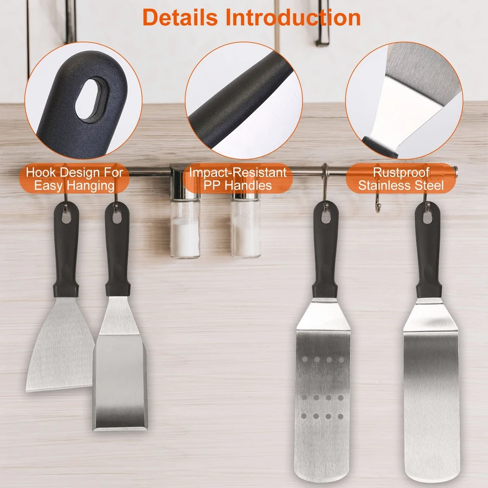High-quality cooking spatula set featuring rustproof stainless steel blades and impact-resistant PP handles, designed for easy hanging and convenient storage.