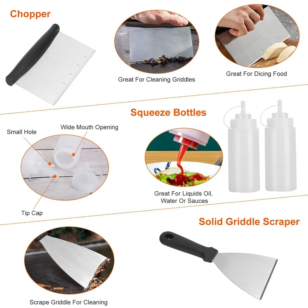 Chopper, squeeze bottles, and solid griddle scraper set for food preparation and cooking, featuring tools for dicing, cleaning, and dispensing liquids or sauces effectively.