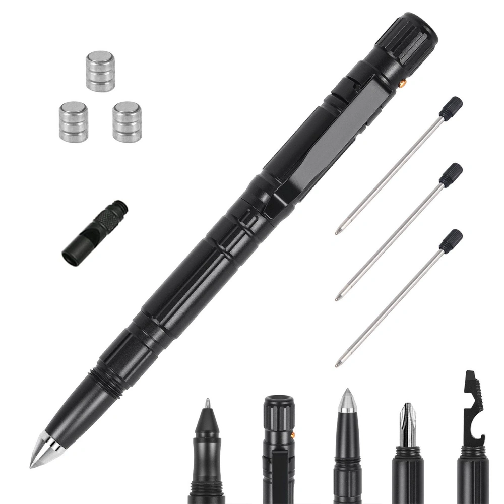 Multi-functional black tactical pen with various interchangeable tips and accessories, designed for writing, self-defense, and tools, featuring a sleek, compact design ideal for everyday carry.