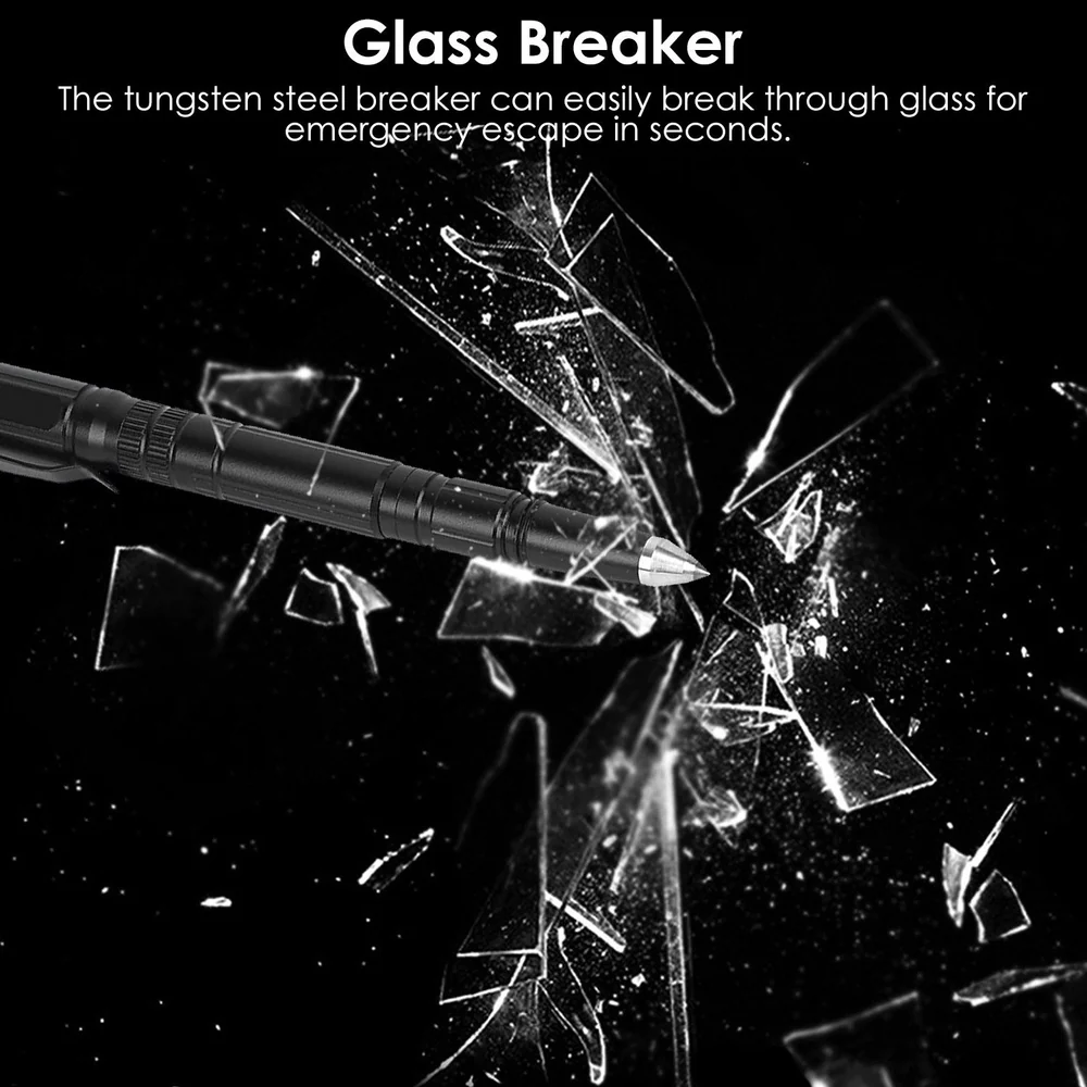 Tungsten steel glass breaker tool shattering glass shards, designed for emergency escape situations.