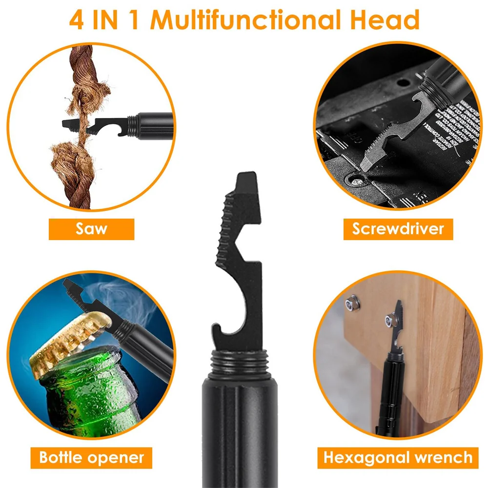4-in-1 multifunctional tool head featuring a saw, screwdriver, bottle opener, and hexagonal wrench, ideal for various tasks and outdoor activities.