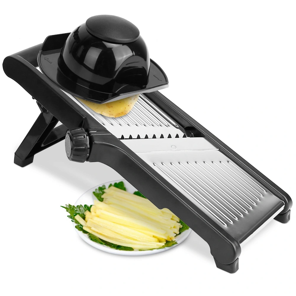 Black vegetable mandoline slicer with adjustable thickness setting, slicing a potato, next to a plate of neatly cut potato strips on a white background.
