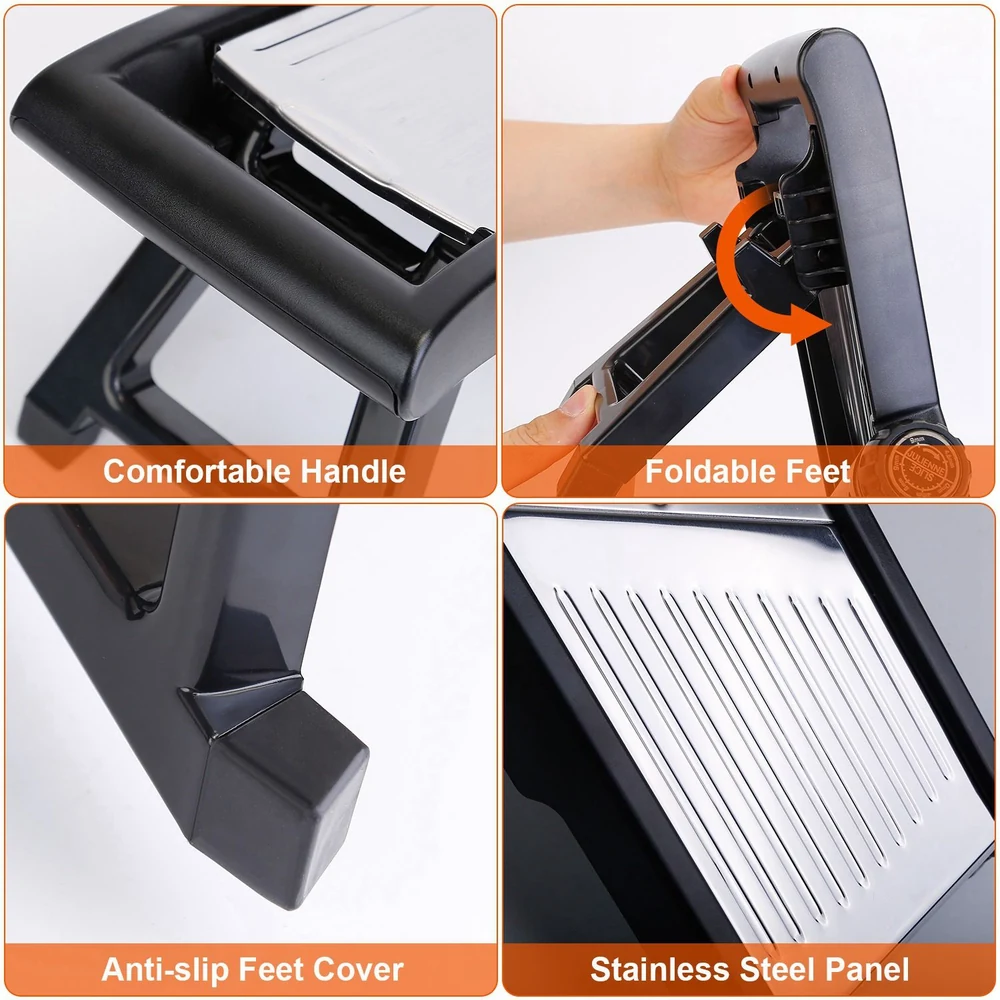 Image of a multi-functional kitchen tool featuring a comfortable handle, foldable feet for easy storage, an anti-slip feet cover for safety, and a stainless steel panel for durability and easy cleaning.