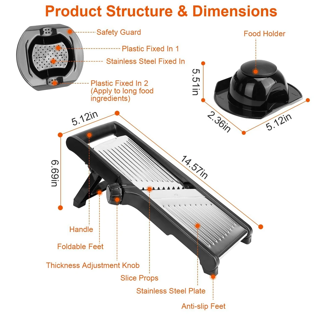Multi-functional mandoline slicer with adjustable thickness knob, stainless steel plate, safety guard, and food holder for precise slicing; features foldable feet and anti-slip design for stability.