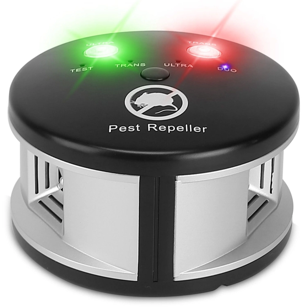 Ultrasonic pest repeller device with LED indicator lights, designed to deter rodents and insects effectively.