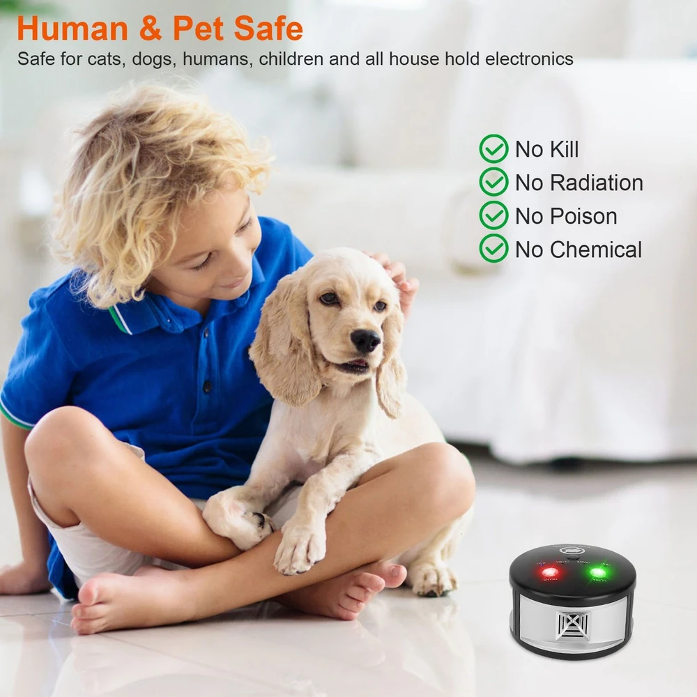 Child playing with a small puppy on a shiny floor, showcasing a pest control device that is safe for humans and pets, emphasizing features like no radiation, no chemicals, and eco-friendliness.