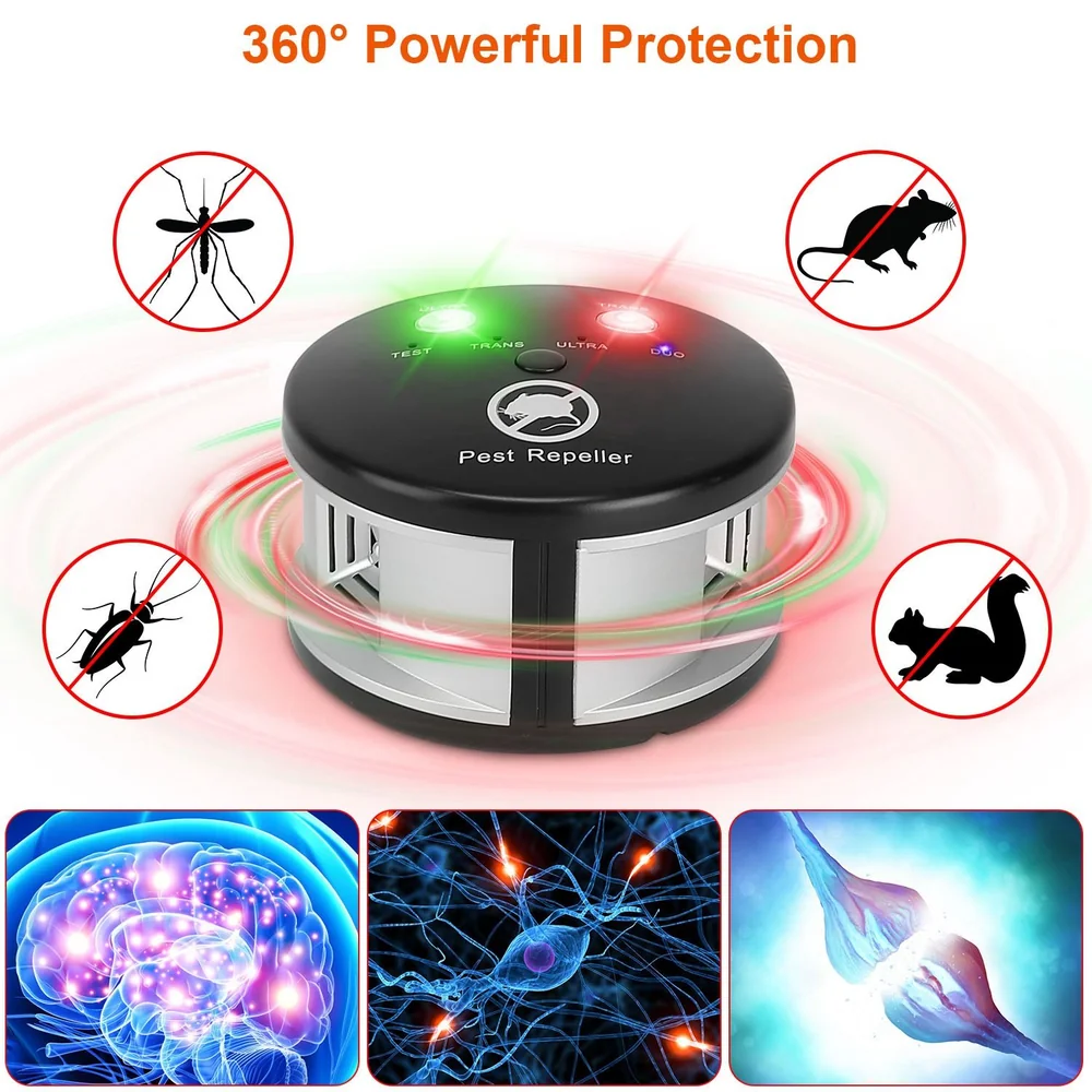 Pest repeller device with 360° powerful protection, featuring red and green LED indicators, designed to keep away pests like mosquitoes, cockroaches, and rodents.