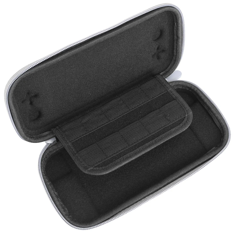 Zippered black storage case with a soft interior and removable organizer strap, ideal for protecting gadgets and accessories.