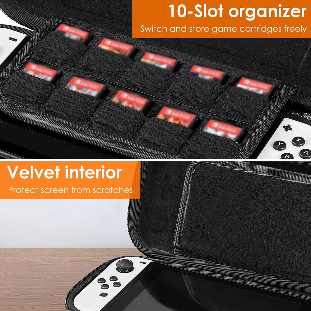 10-slot game cartridge organizer case for Nintendo Switch with velvet interior for screen protection.